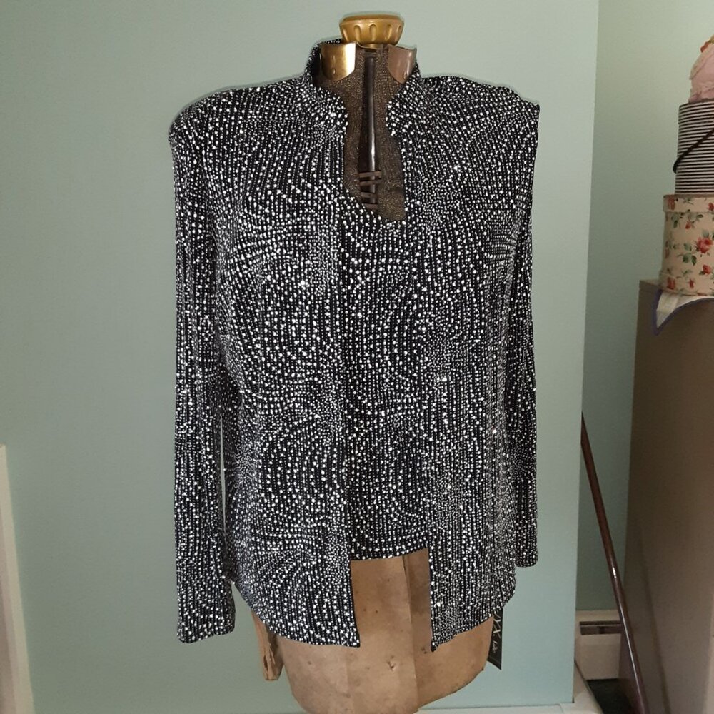 Onyx Nite Sparkle sequins Silver Black 2 Piece Jacket & Tank Top Size L NWT